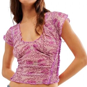 Free People Oh My Baby Tee Pink Purple Floral Lace Lettuce Trim Large NWT
